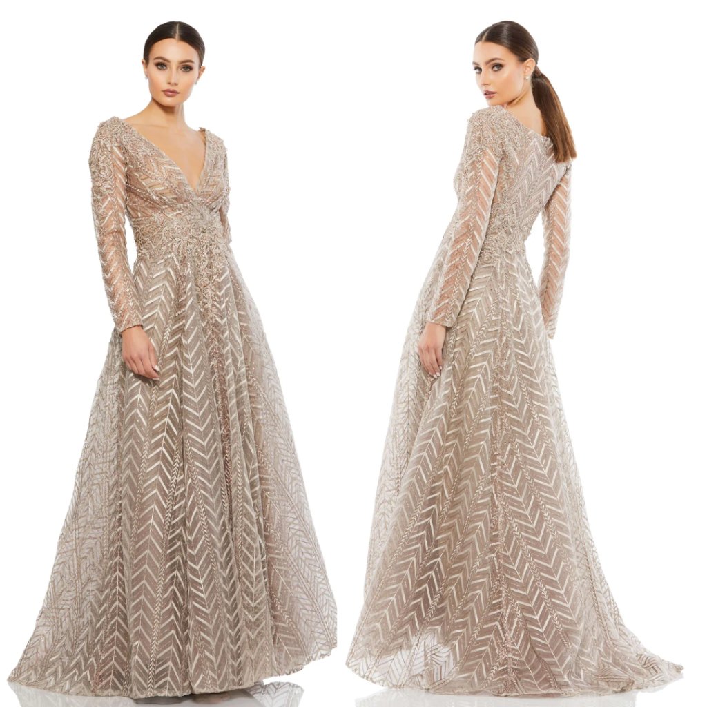 Mac Duggal Embellished Illusion Long Sleeve Wrap Over A Line Gown #20189